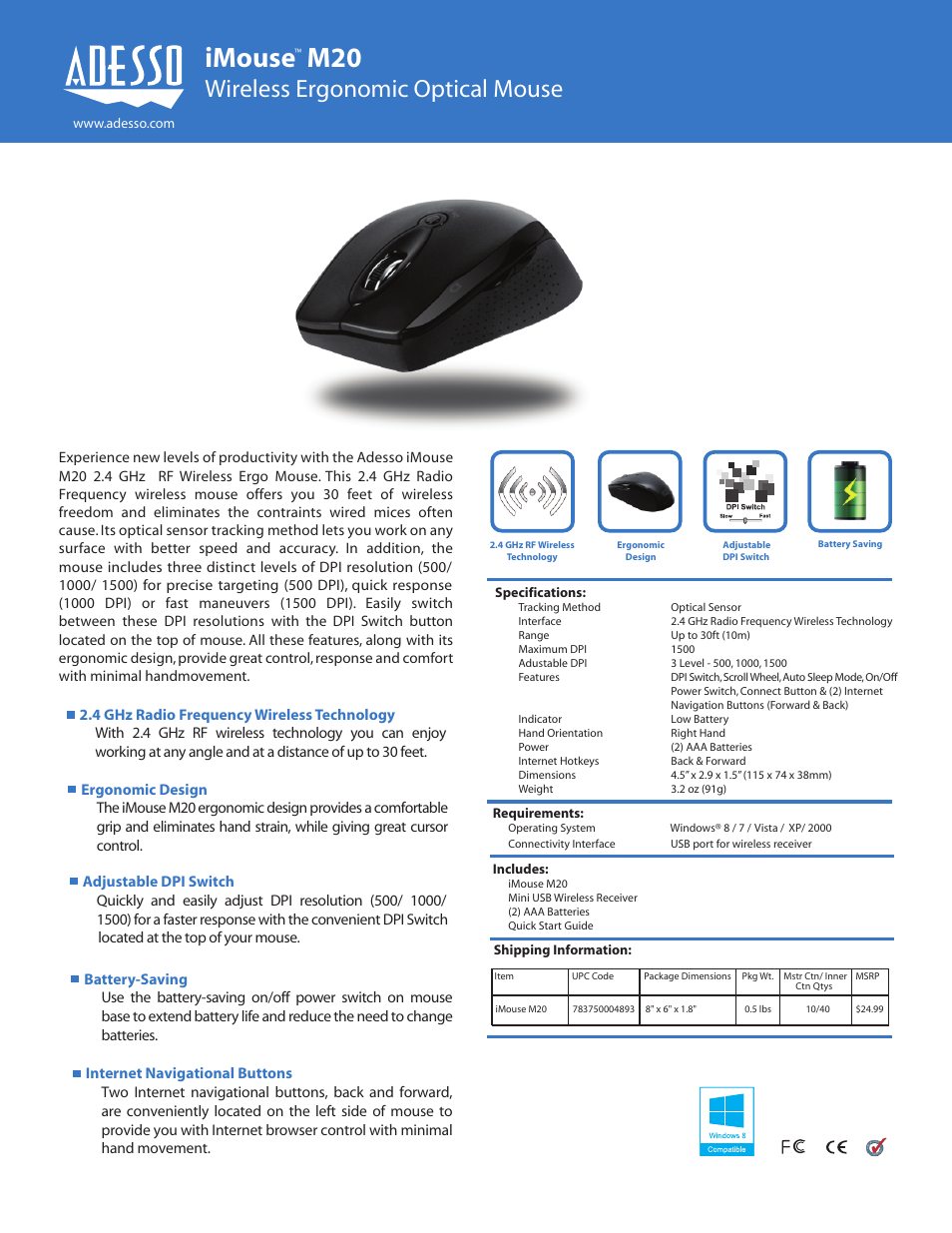 Adesso iMouse M20 User Manual | 1 page