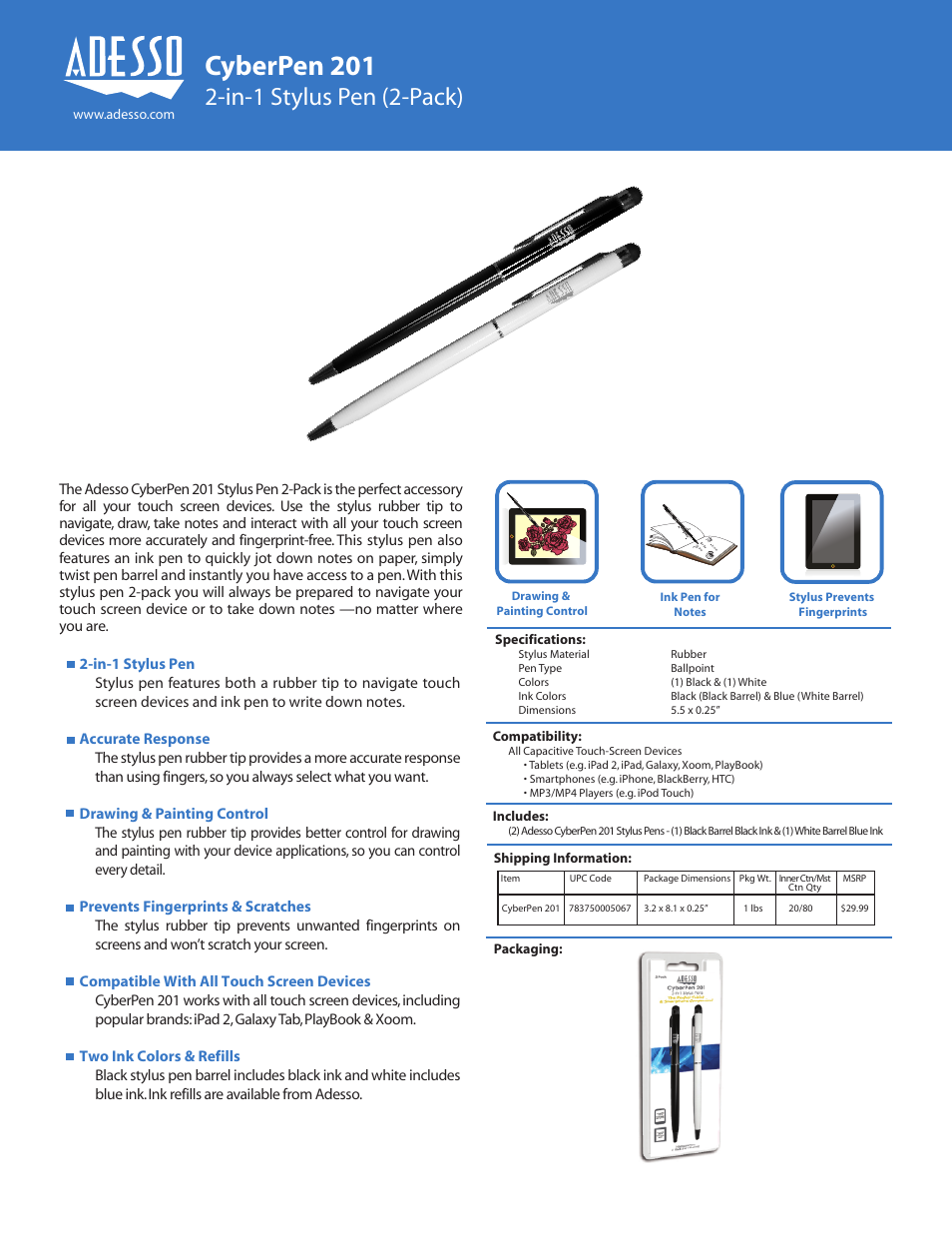 Adesso CyberPen 201 User Manual | 1 page