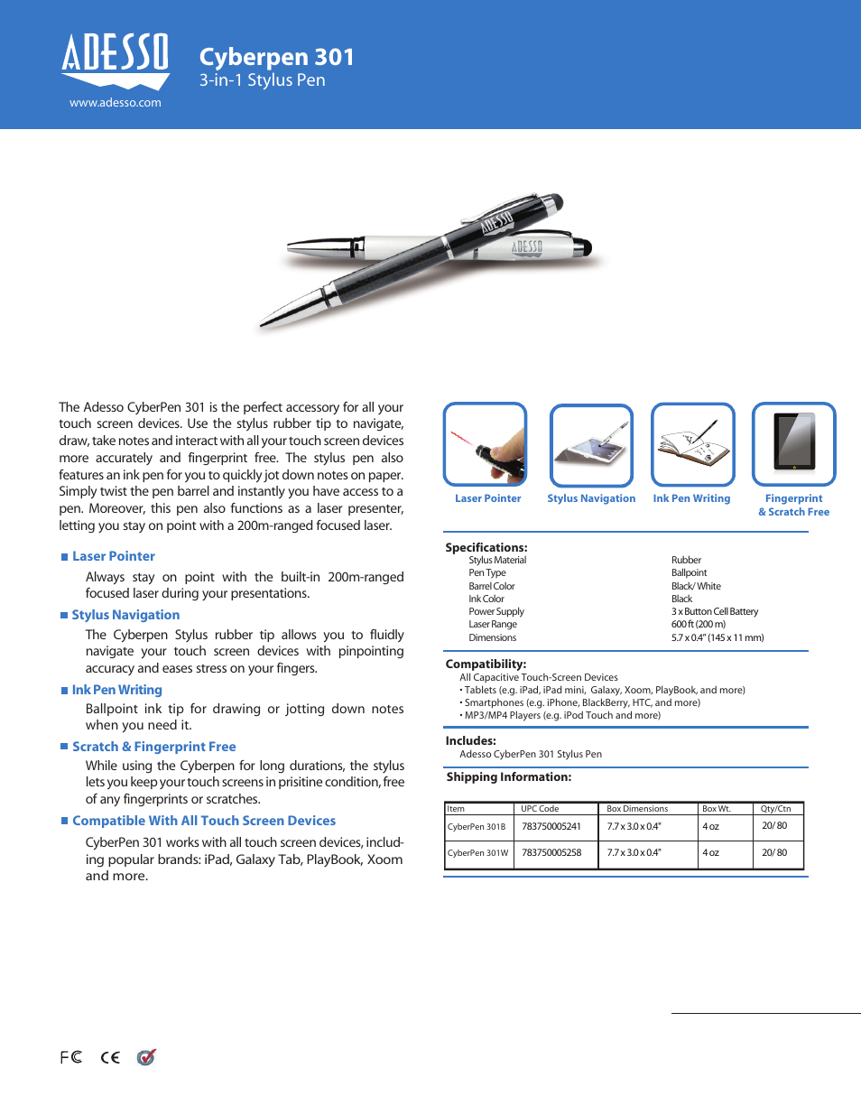 Adesso CyberPen 301W User Manual | 1 page