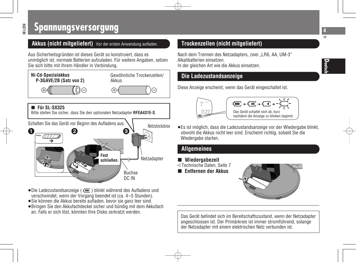 Spannungsversorgung | Panasonic SL SX 330 User Manual | Page 11 / 88