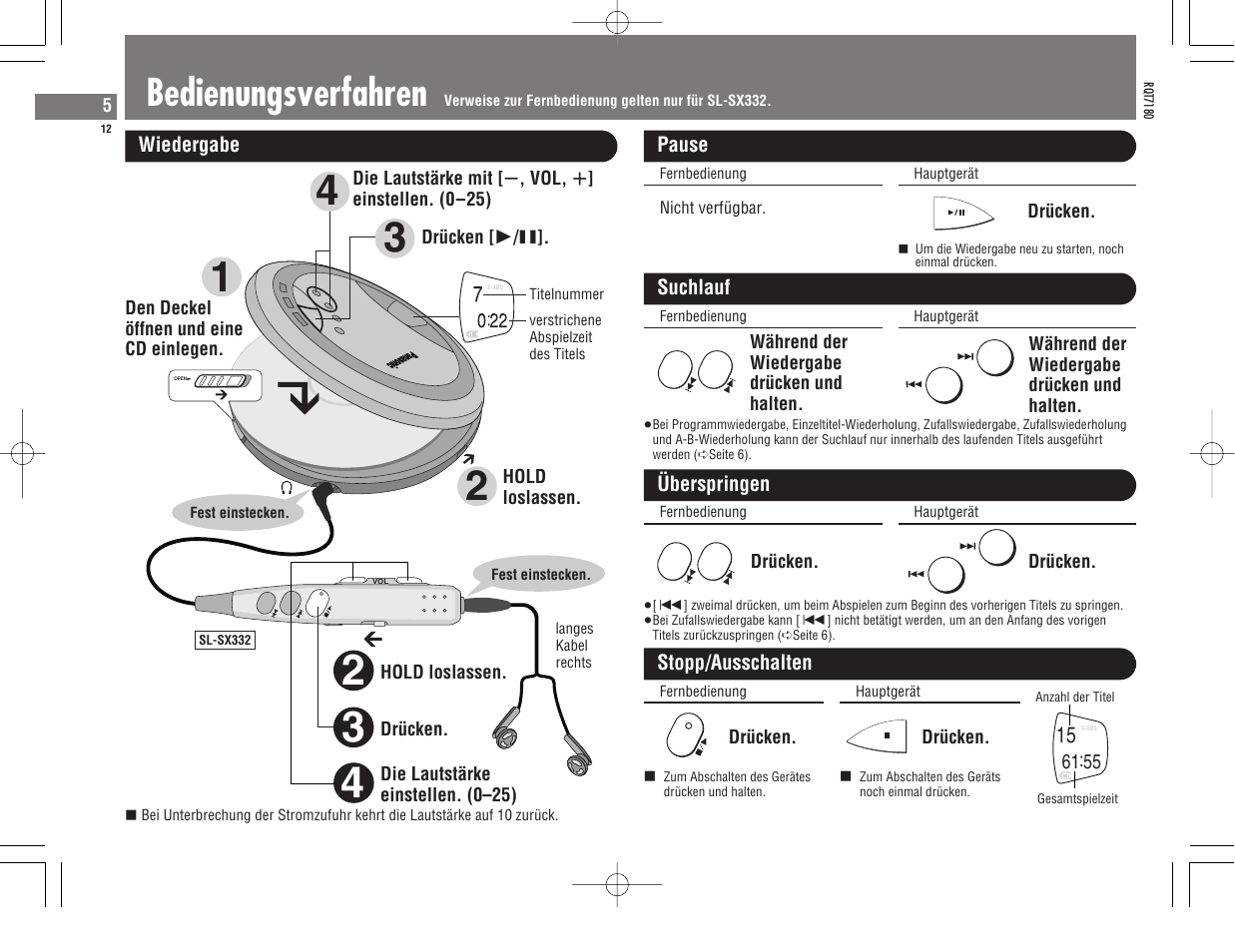 Bedienungsverfahren | Panasonic SL SX 330 User Manual | Page 12 / 88