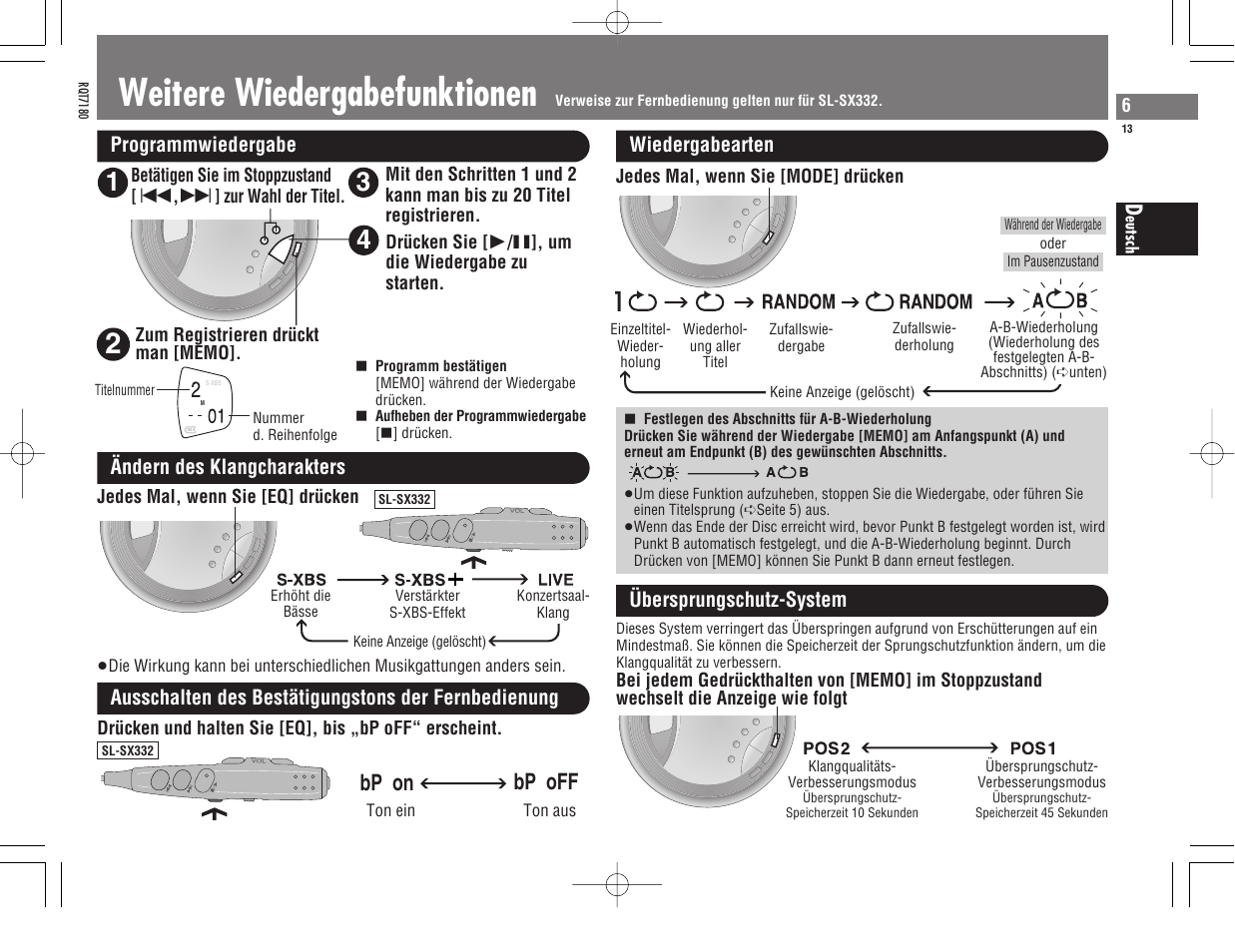 Weitere wiedergabefunktionen, Bp on bp off | Panasonic SL SX 330 User Manual | Page 13 / 88