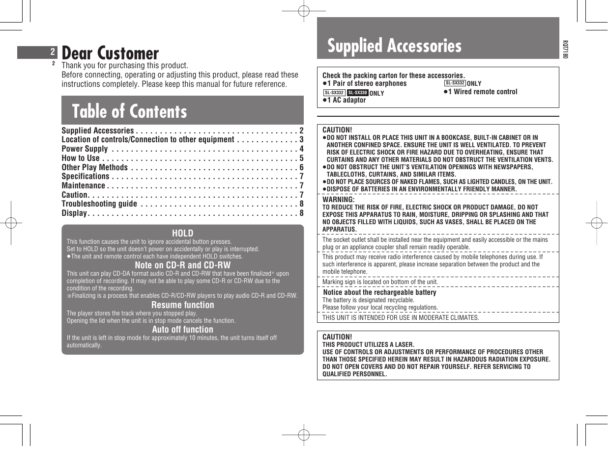Table of contents dear customer, Supplied accessories | Panasonic SL SX 330 User Manual | Page 2 / 88