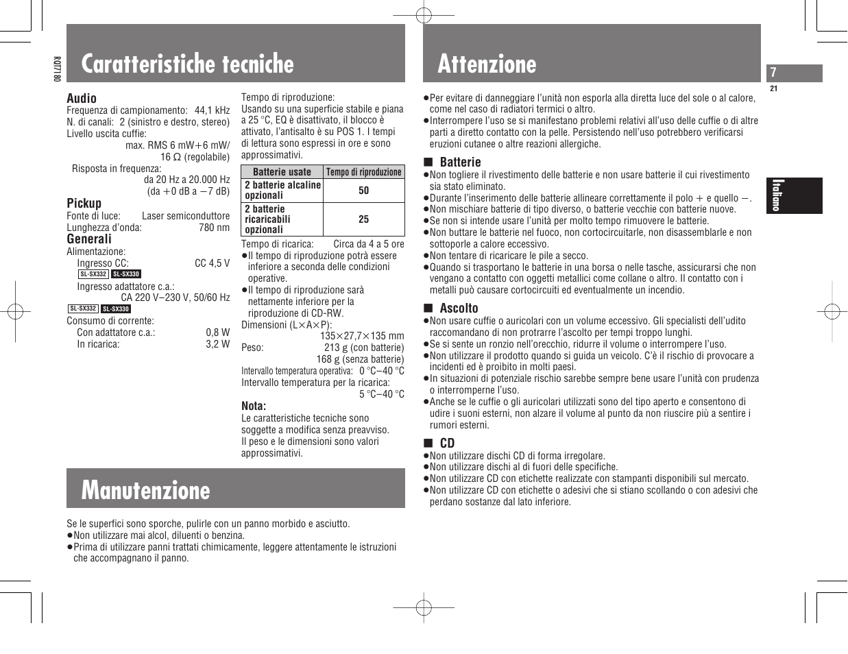 Caratteristiche tecniche, Manutenzione, Attenzione | Panasonic SL SX 330 User Manual | Page 21 / 88