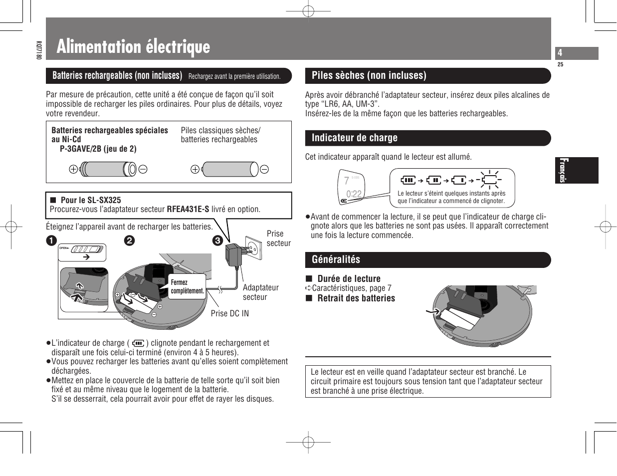 Alimentation électrique | Panasonic SL SX 330 User Manual | Page 25 / 88