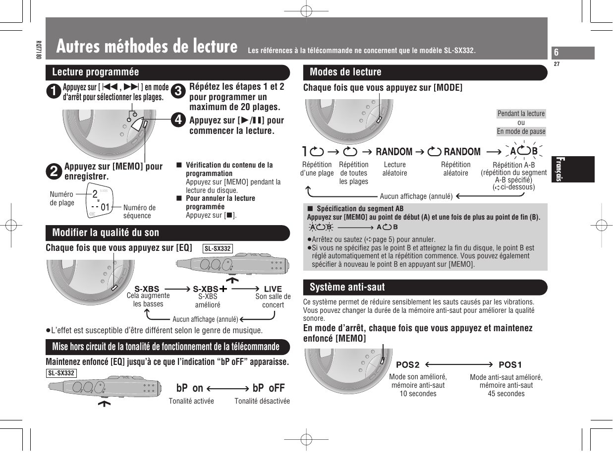 Autres méthodes de lecture, Bp on bp off | Panasonic SL SX 330 User Manual | Page 27 / 88