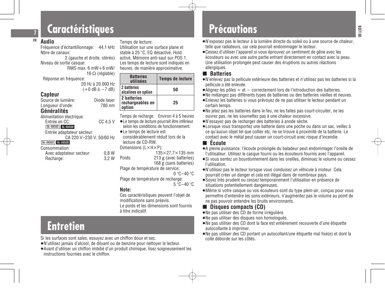 Caractéristiques, Entretien, Précautions | Panasonic SL SX 330 User Manual | Page 28 / 88