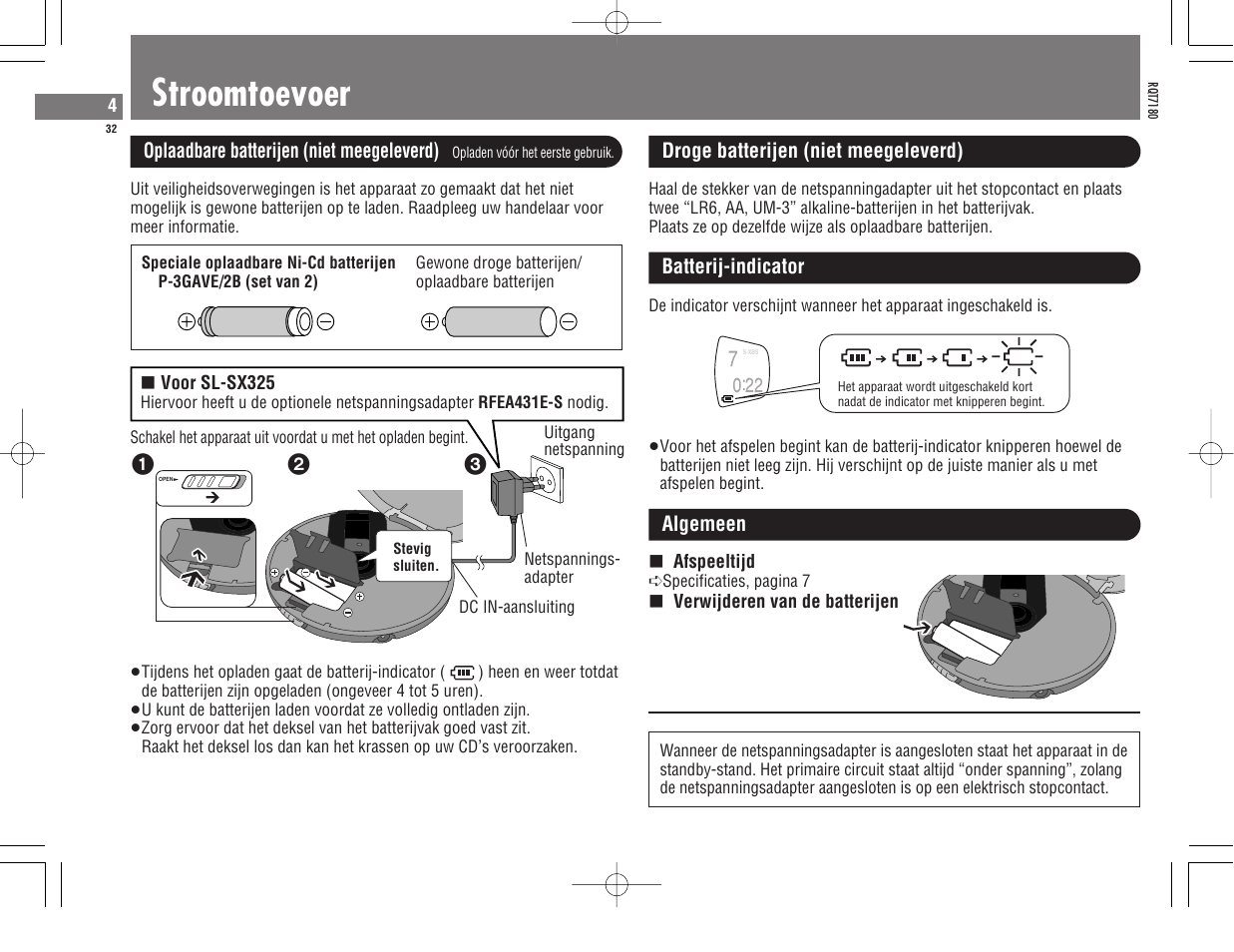 Stroomtoevoer | Panasonic SL SX 330 User Manual | Page 32 / 88
