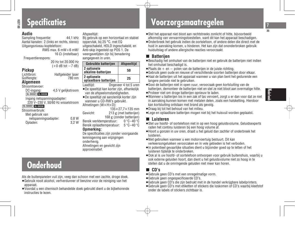 Specificaties, Onderhoud, Voorzorgsmaatregelen | Panasonic SL SX 330 User Manual | Page 35 / 88