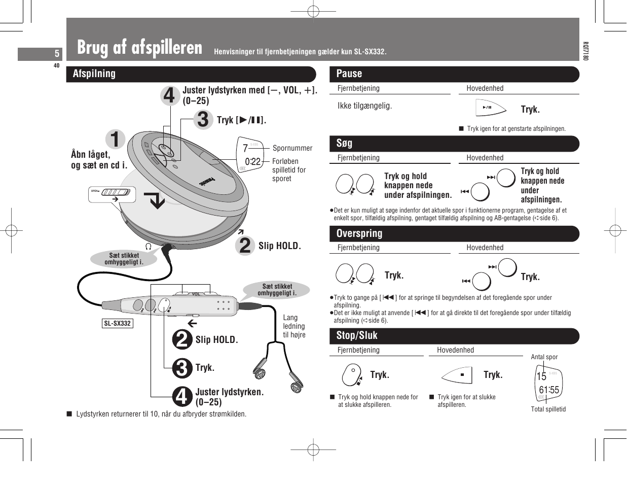 Brug af afspilleren | Panasonic SL SX 330 User Manual | Page 40 / 88