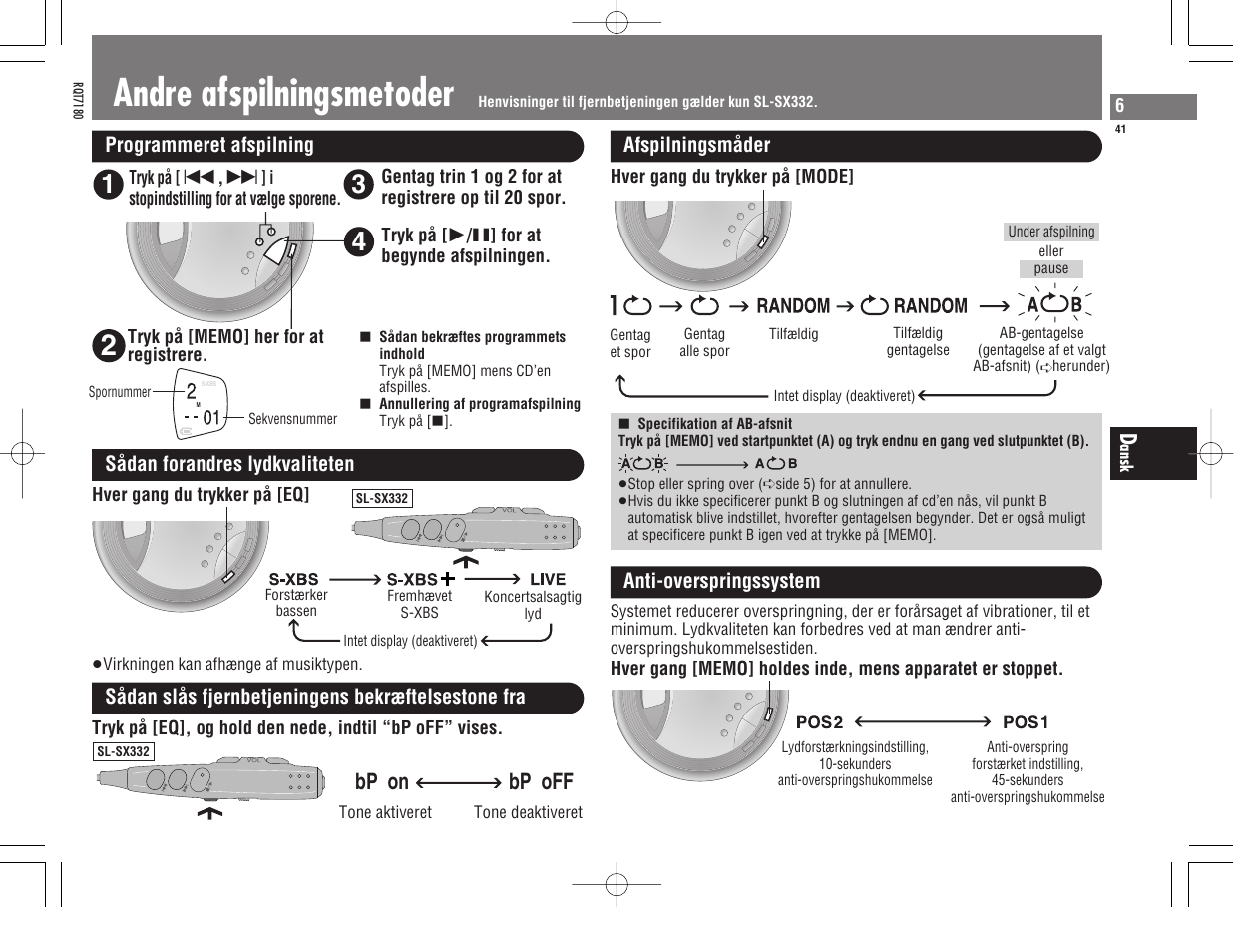 Andre afspilningsmetoder, Bp on bp off | Panasonic SL SX 330 User Manual | Page 41 / 88