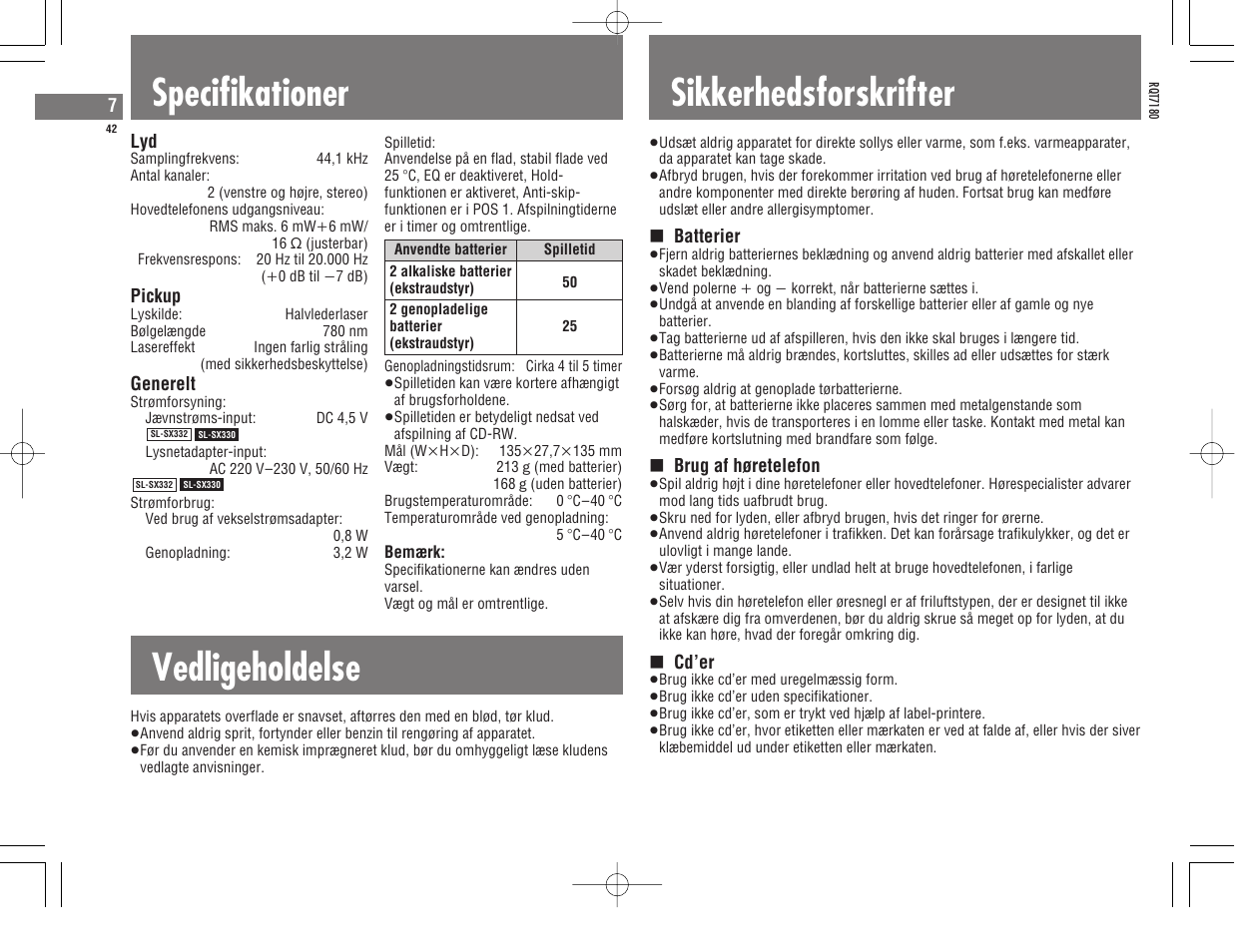 Specifikationer, Vedligeholdelse, Sikkerhedsforskrifter | Panasonic SL SX 330 User Manual | Page 42 / 88