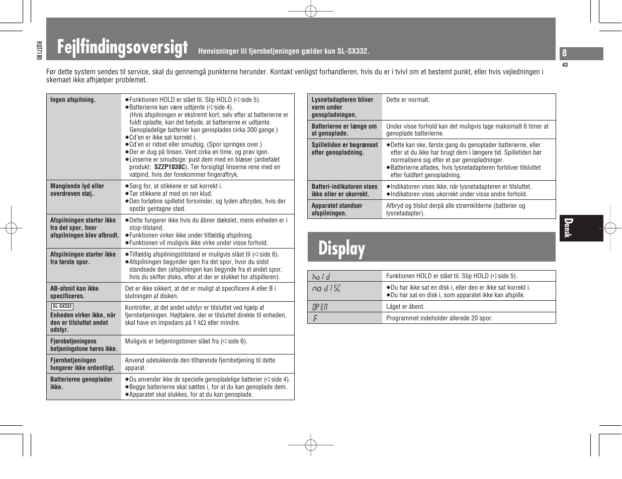 Fejlfindingsoversigt, Display | Panasonic SL SX 330 User Manual | Page 43 / 88