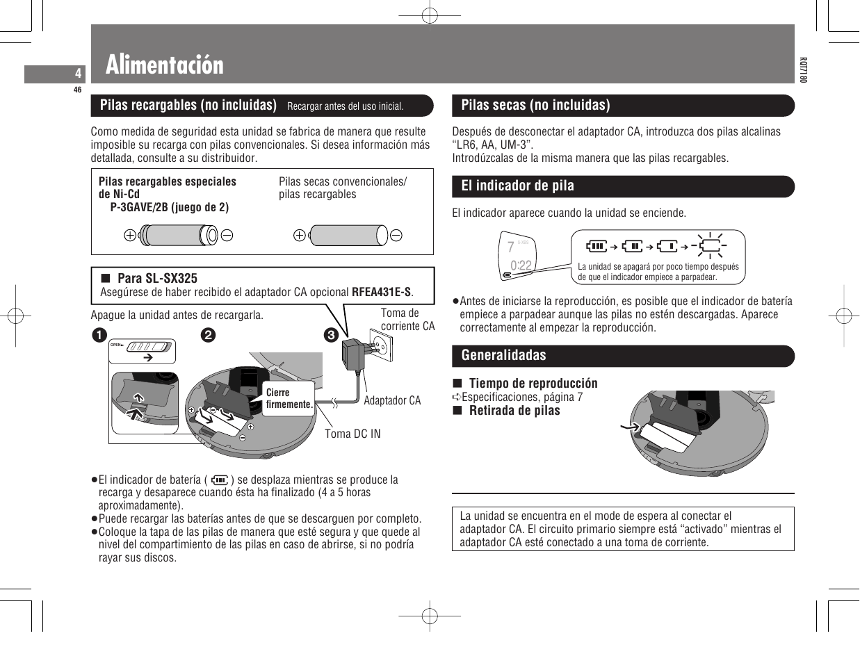 Alimentación | Panasonic SL SX 330 User Manual | Page 46 / 88