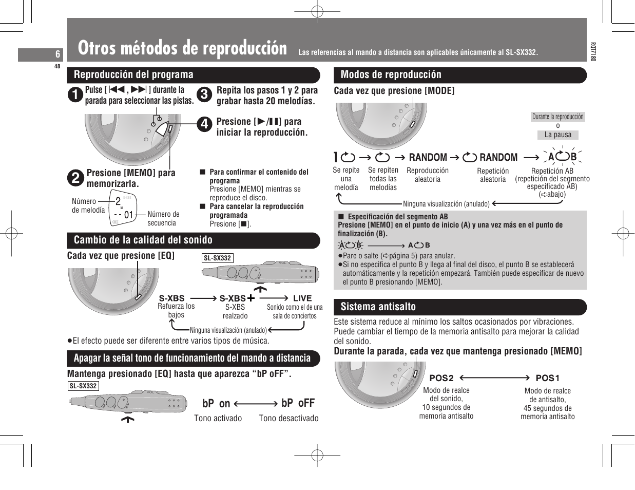 Otros métodos de reproducción, Bp on bp off | Panasonic SL SX 330 User Manual | Page 48 / 88