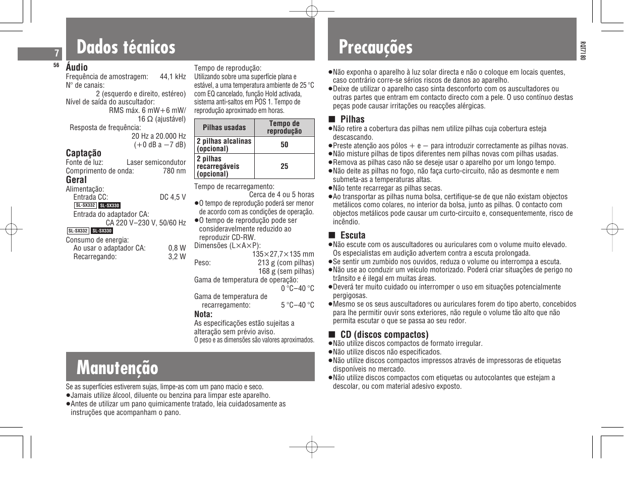 Dados técnicos, Manutenção, Precauções | Panasonic SL SX 330 User Manual | Page 56 / 88