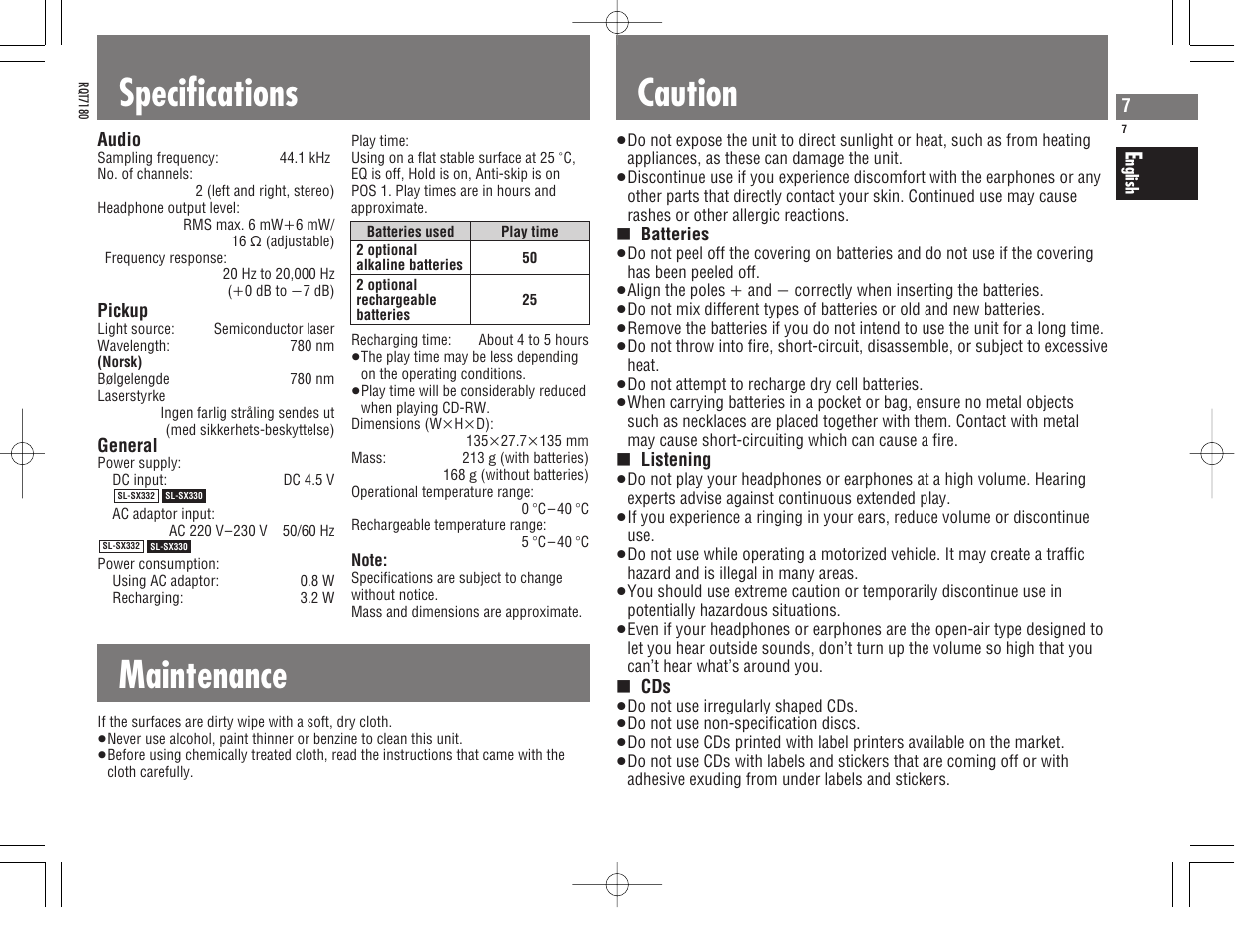 Specifications, Maintenance, Caution | Panasonic SL SX 330 User Manual | Page 7 / 88