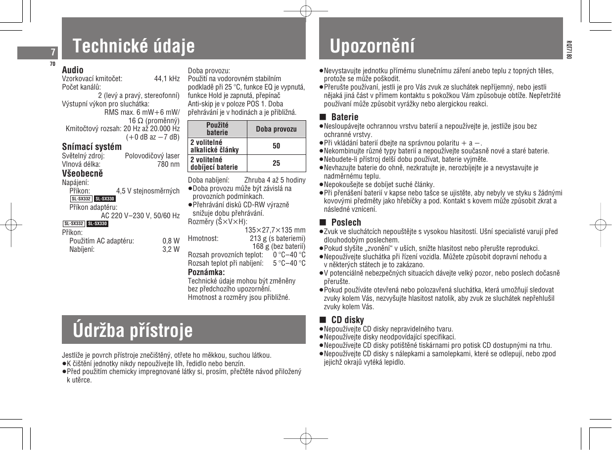 Technické údaje, Údrƒba pâístroje, Upozornêní | Panasonic SL SX 330 User Manual | Page 70 / 88