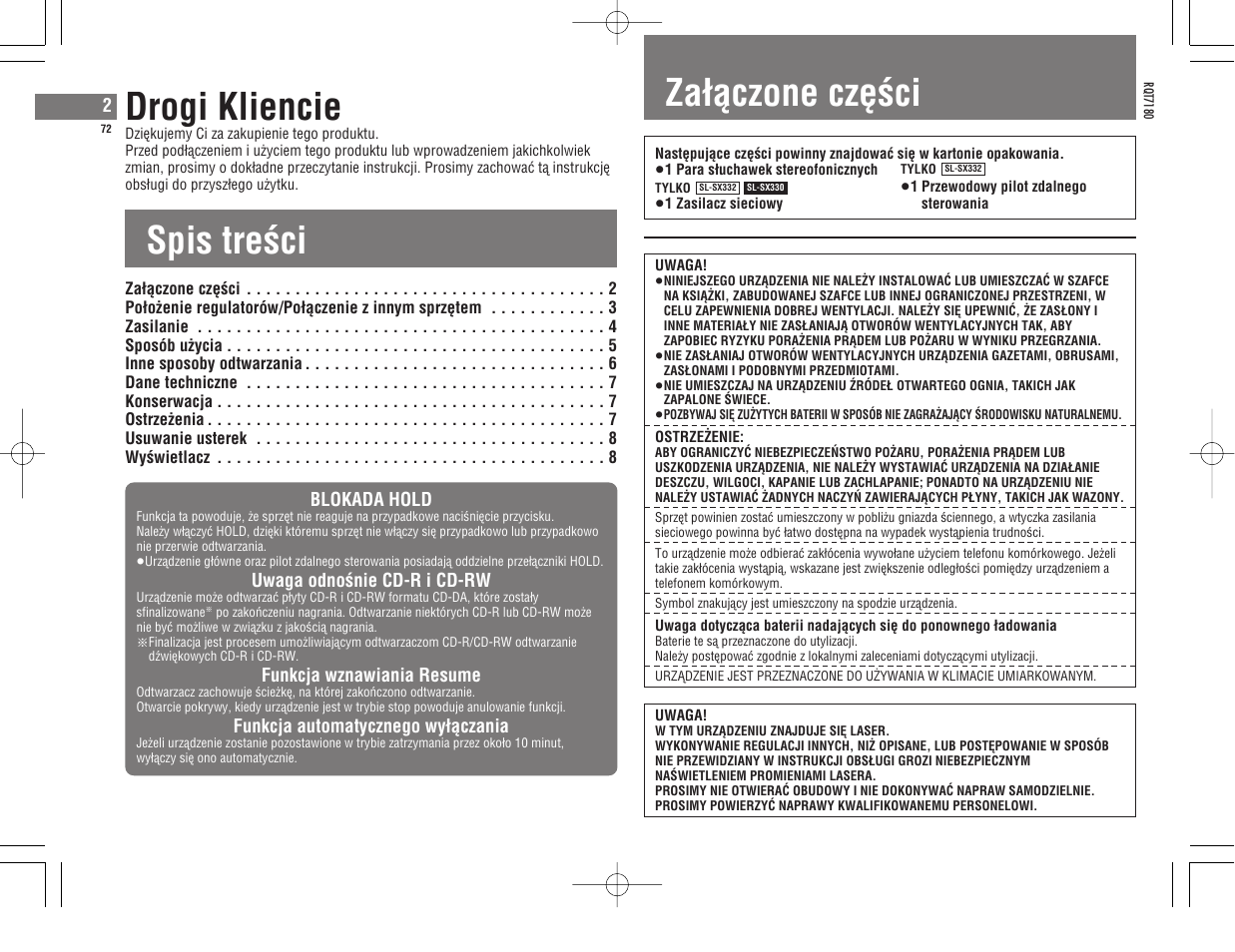 Spis treøci drogi kliencie, Zaìàczone czèøci | Panasonic SL SX 330 User Manual | Page 72 / 88