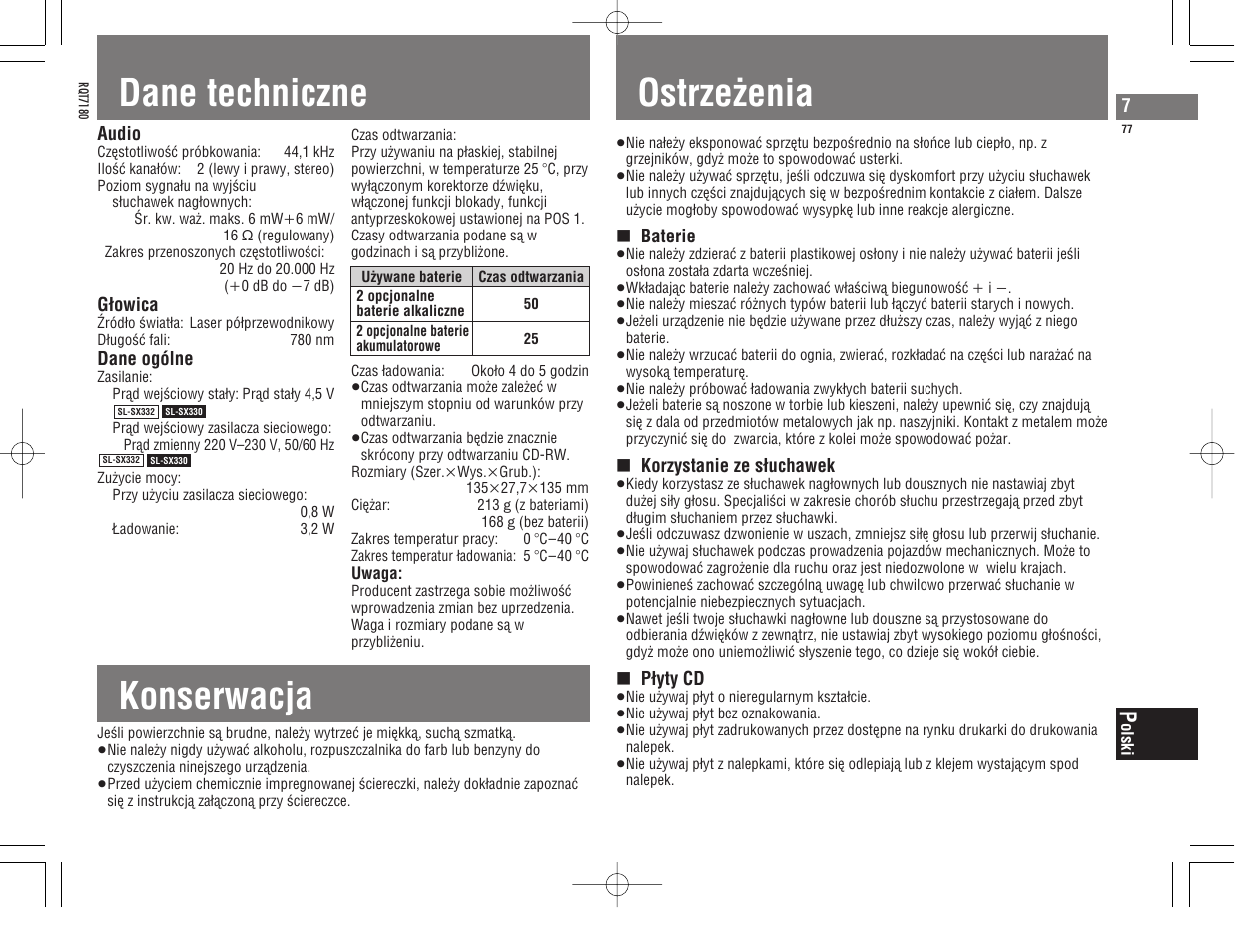 Dane techniczne, Konserwacja, Ostrzeëenia | Panasonic SL SX 330 User Manual | Page 77 / 88