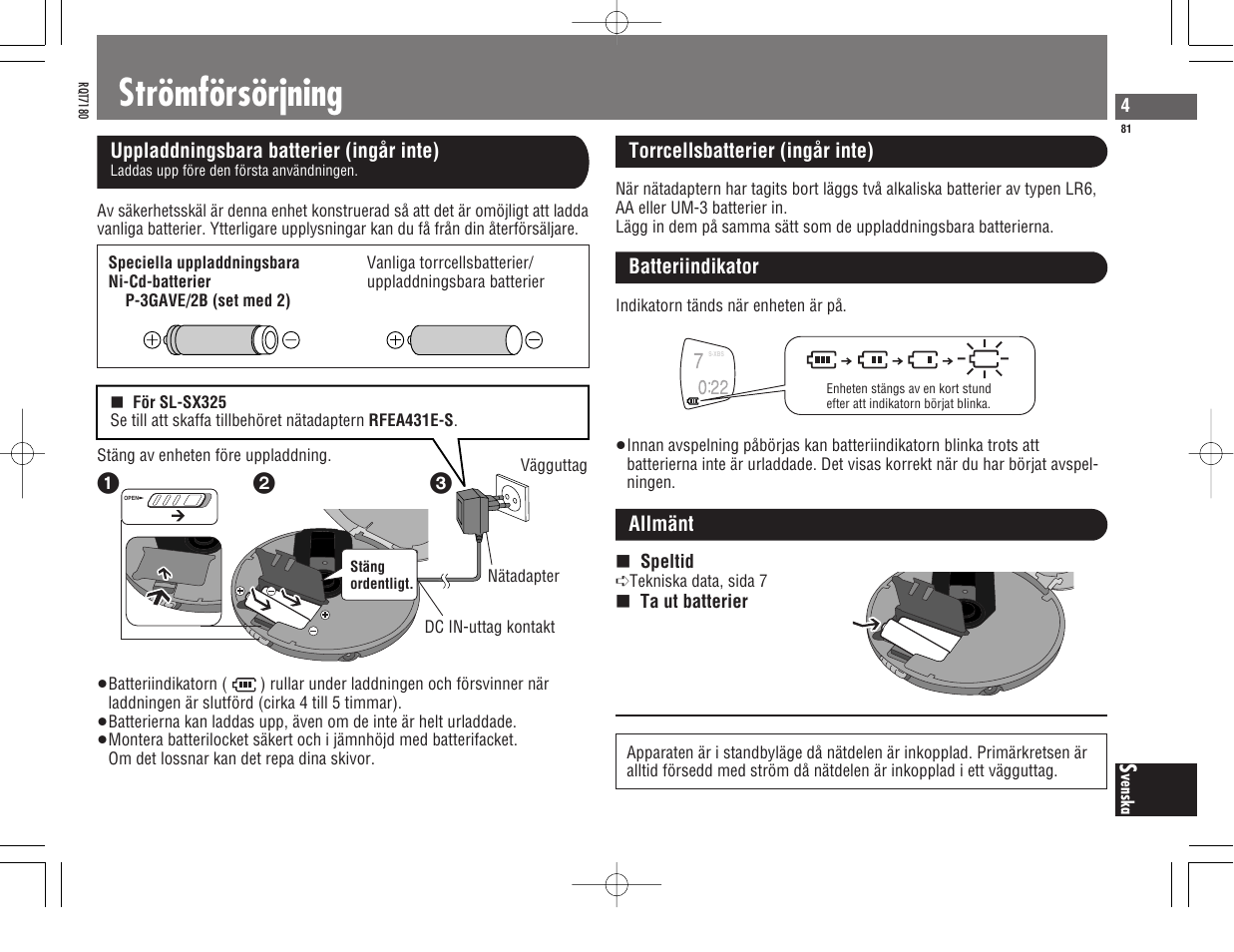 Strömförsörjning | Panasonic SL SX 330 User Manual | Page 81 / 88