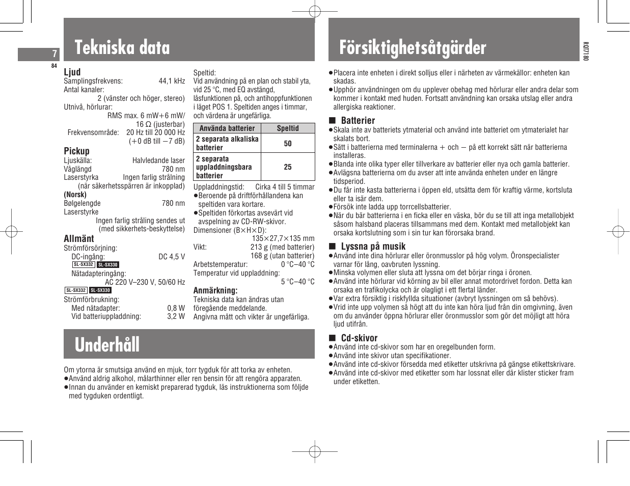 Tekniska data, Underhåll, Försiktighetsåtgärder | Panasonic SL SX 330 User Manual | Page 84 / 88