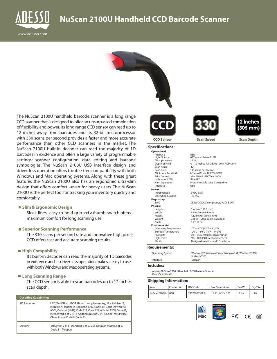 Adesso NuScan 2100U User Manual | 1 page