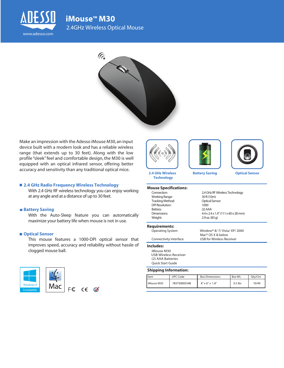 Adesso iMouse M30 User Manual | 1 page