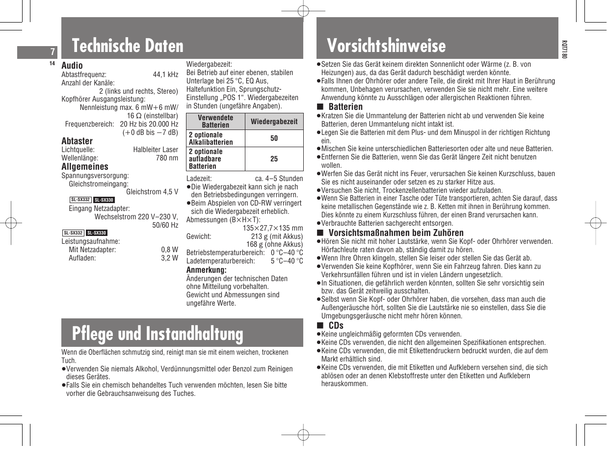 Technische daten, Pflege und instandhaltung, Vorsichtshinweise | Panasonic SL SX 330 EG A User Manual | Page 14 / 88