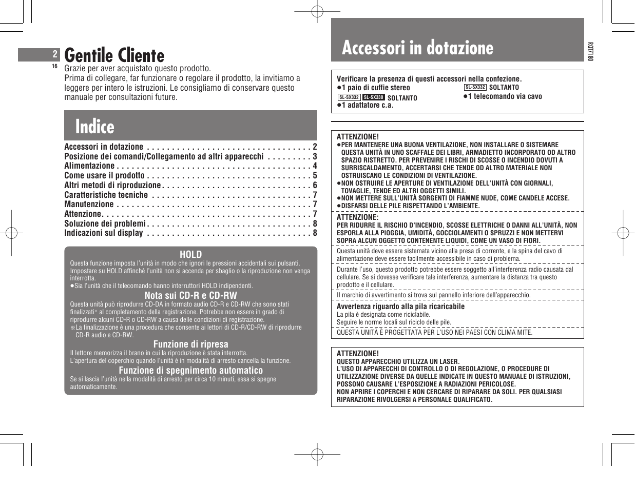 Indice gentile cliente, Accessori in dotazione | Panasonic SL SX 330 EG A User Manual | Page 16 / 88