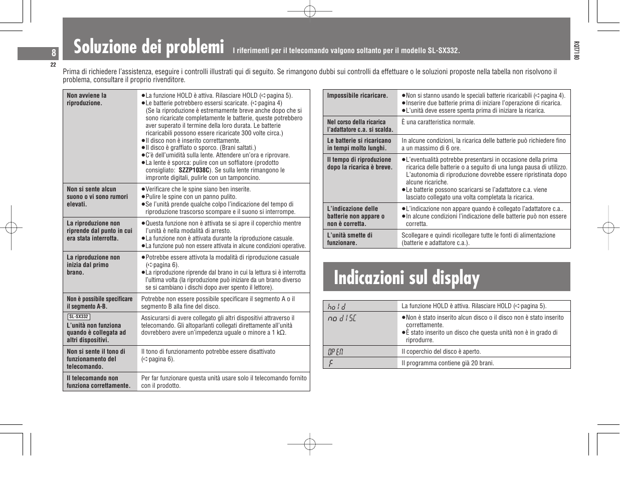 Soluzione dei problemi, Indicazioni sul display | Panasonic SL SX 330 EG A User Manual | Page 22 / 88