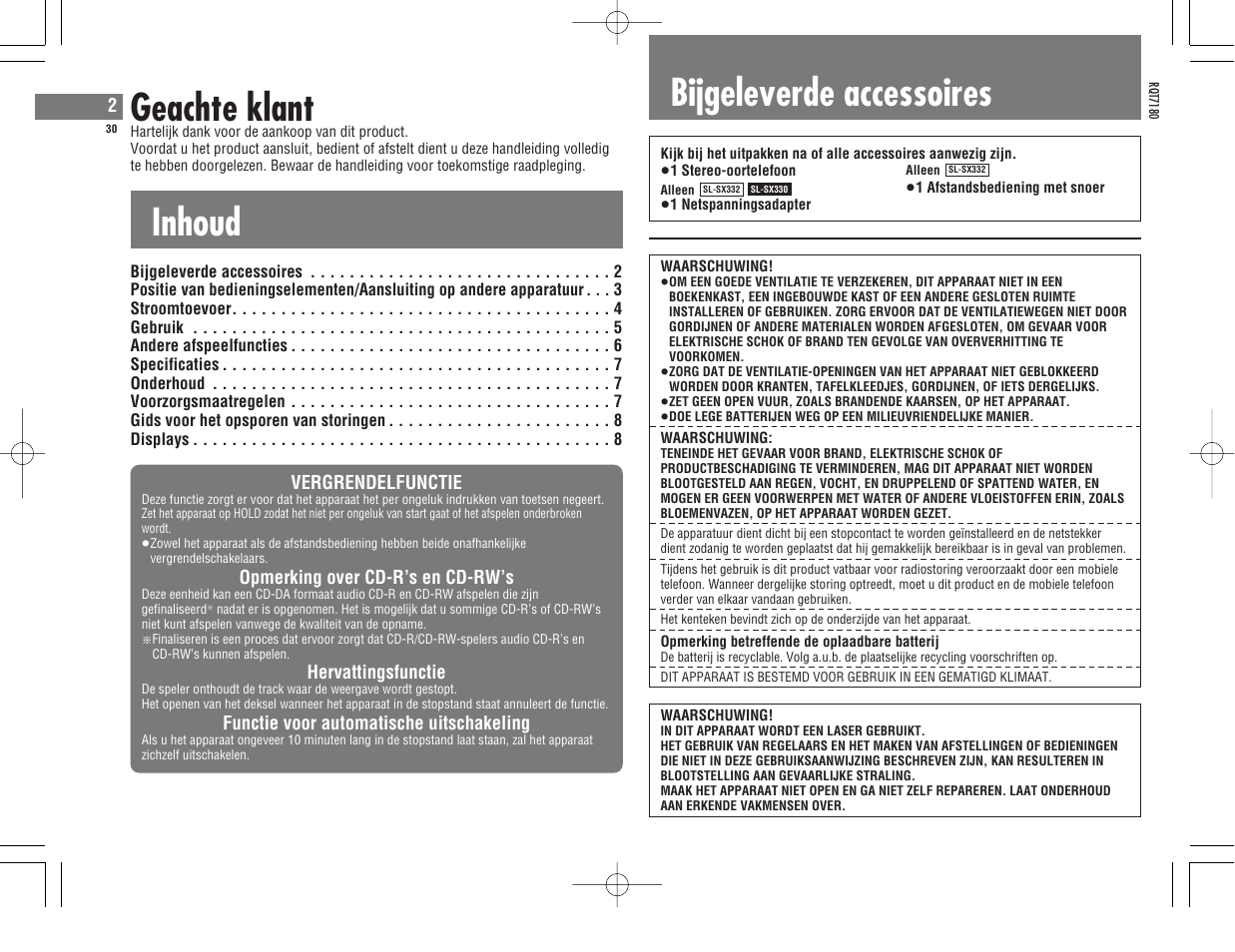 Inhoud geachte klant, Bijgeleverde accessoires | Panasonic SL SX 330 EG A User Manual | Page 30 / 88