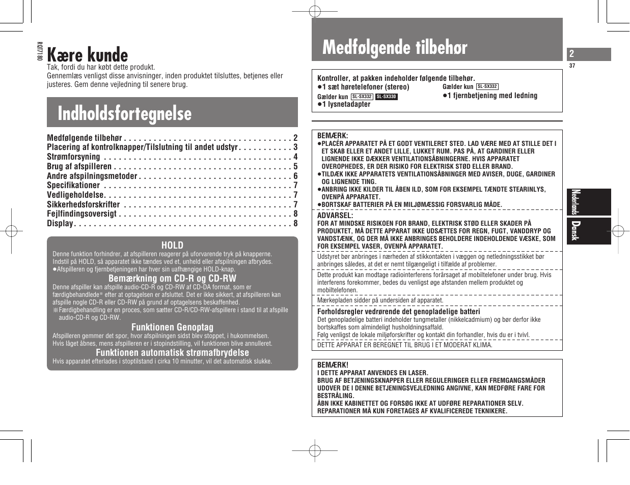Indholdsfortegnelse kære kunde, Medfølgende tilbehør | Panasonic SL SX 330 EG A User Manual | Page 37 / 88