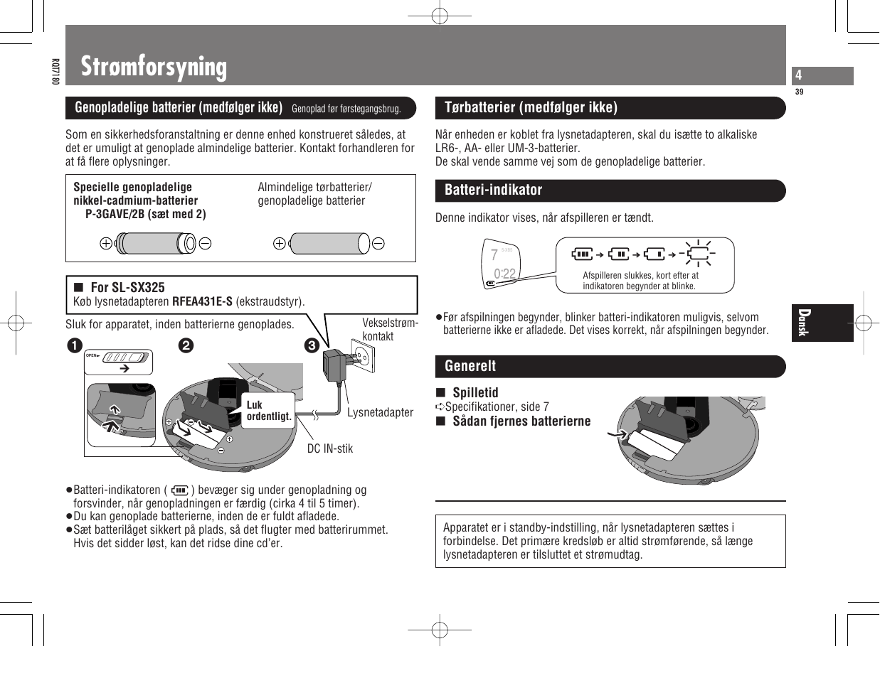 Strømforsyning | Panasonic SL SX 330 EG A User Manual | Page 39 / 88