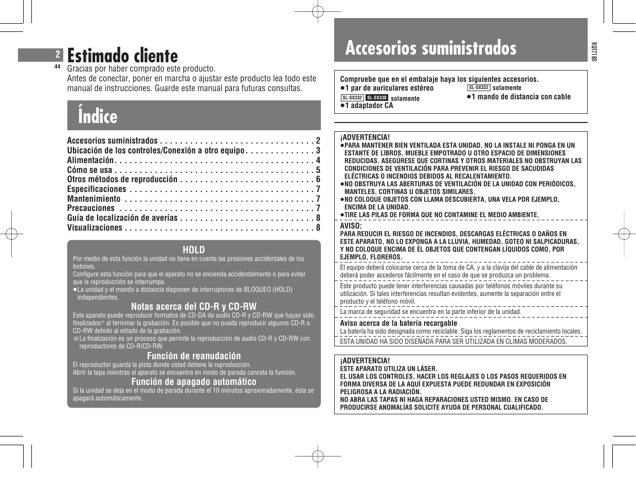 Índice estimado cliente, Accesorios suministrados | Panasonic SL SX 330 EG A User Manual | Page 44 / 88