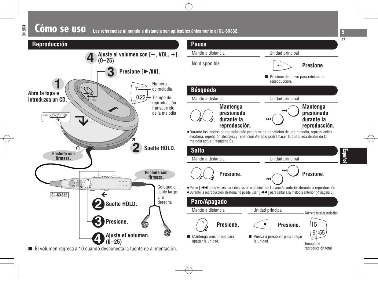 Cómo se usa | Panasonic SL SX 330 EG A User Manual | Page 47 / 88