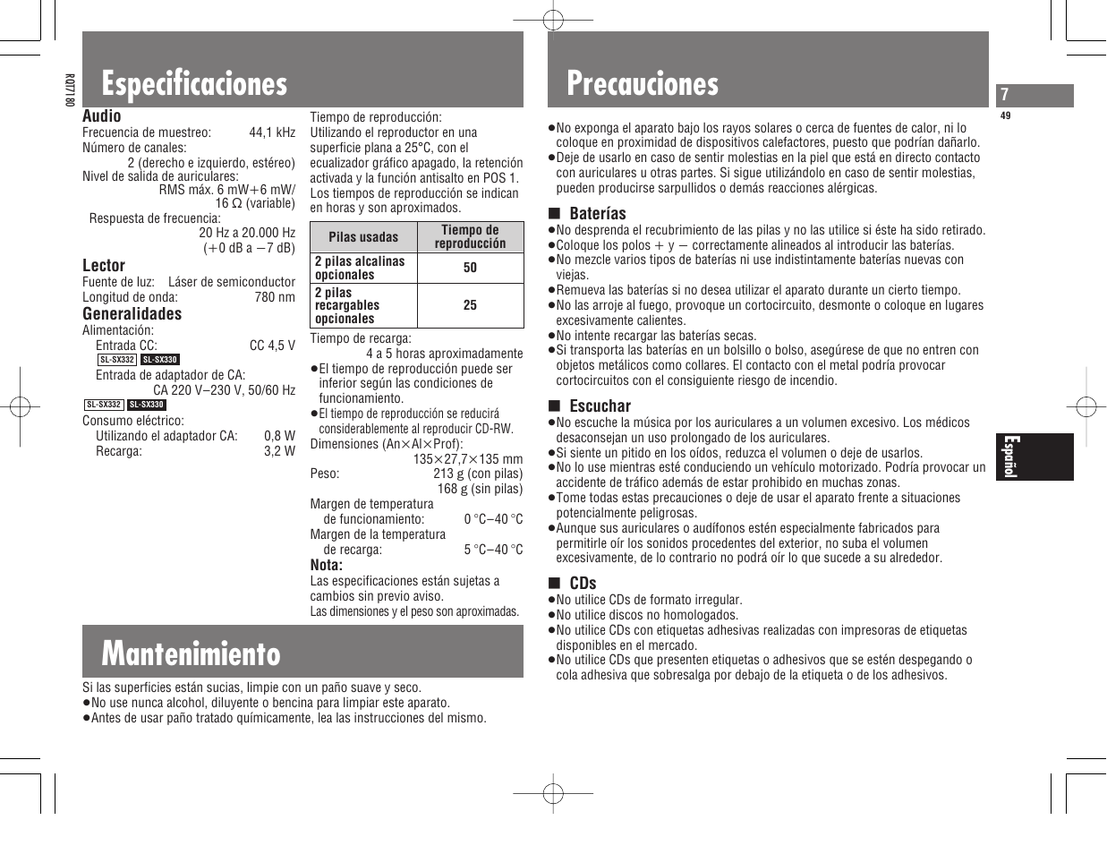 Especificaciones, Mantenimiento, Precauciones | Panasonic SL SX 330 EG A User Manual | Page 49 / 88