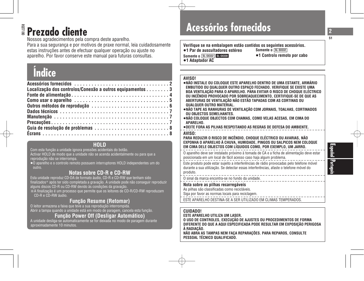 Índice prezado cliente, Acessórios fornecidos | Panasonic SL SX 330 EG A User Manual | Page 51 / 88