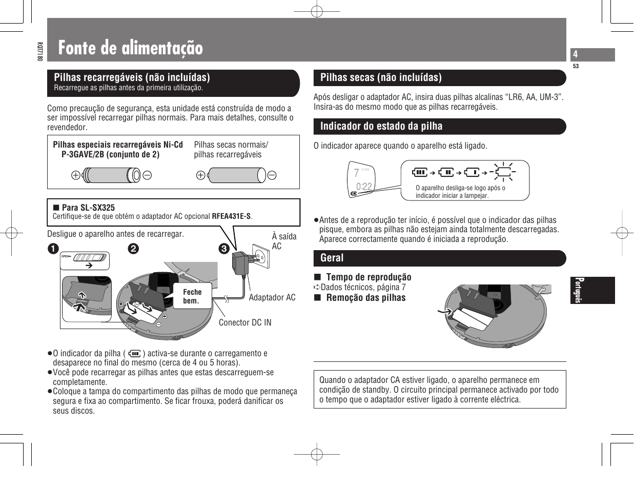 Fonte de alimentação | Panasonic SL SX 330 EG A User Manual | Page 53 / 88