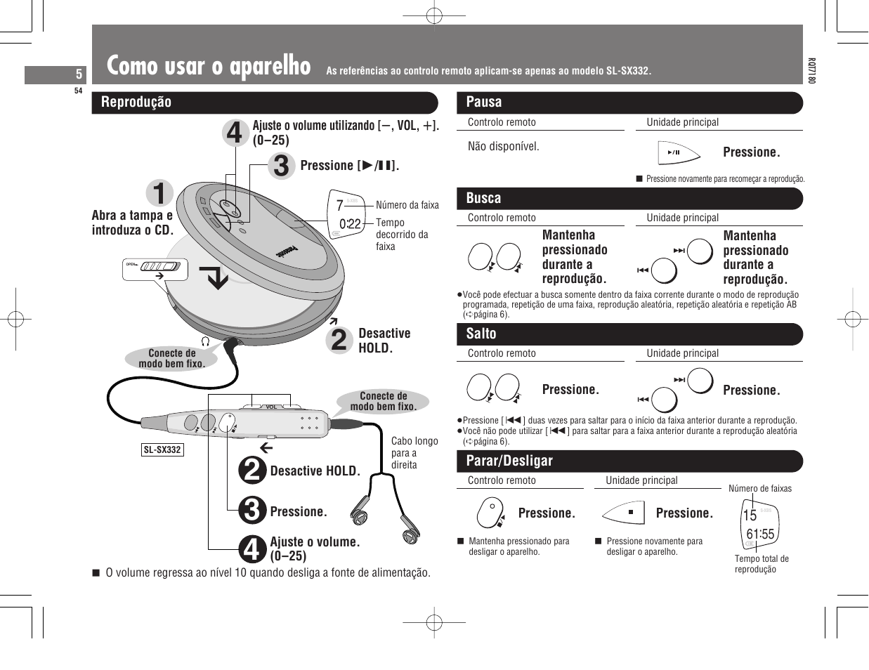 Como usar o aparelho | Panasonic SL SX 330 EG A User Manual | Page 54 / 88