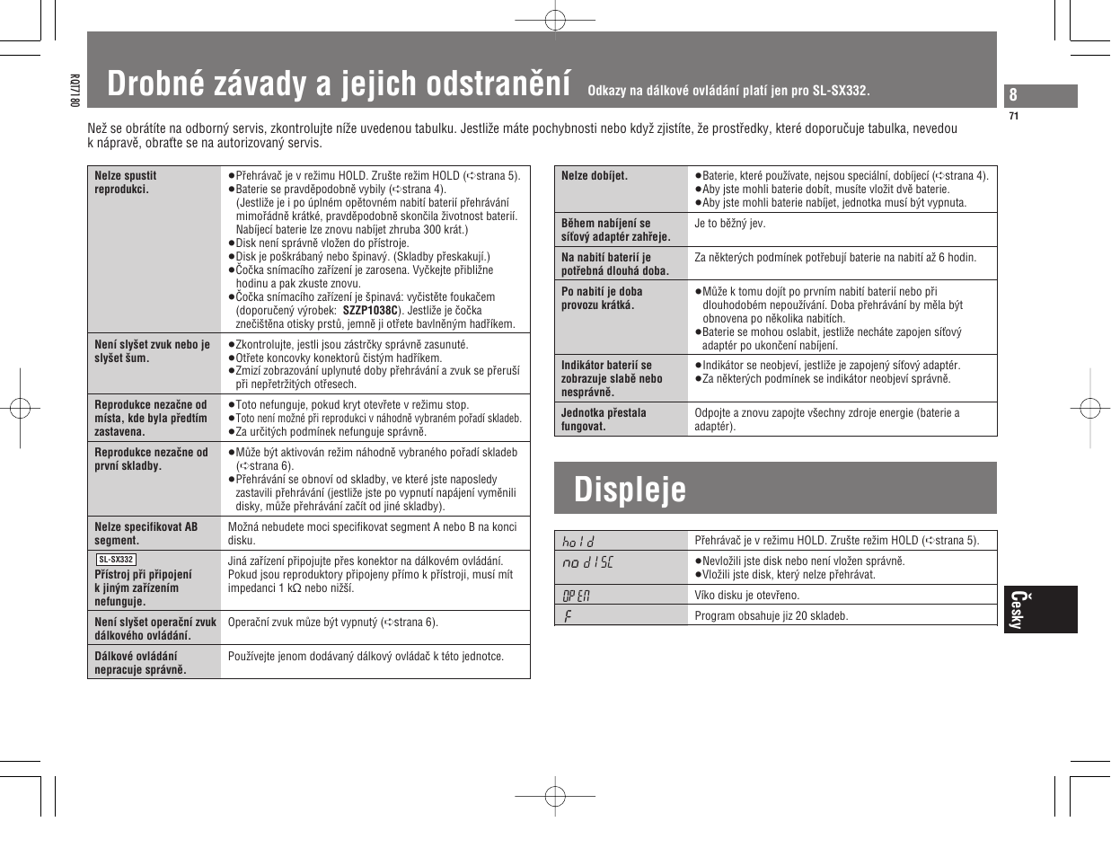 Drobné závady a jejich odstranêní displeje | Panasonic SL SX 330 EG A User Manual | Page 71 / 88