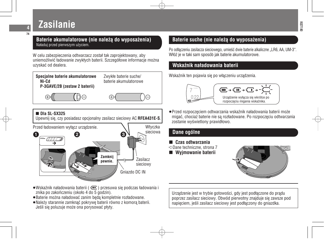 Zasilanie | Panasonic SL SX 330 EG A User Manual | Page 74 / 88