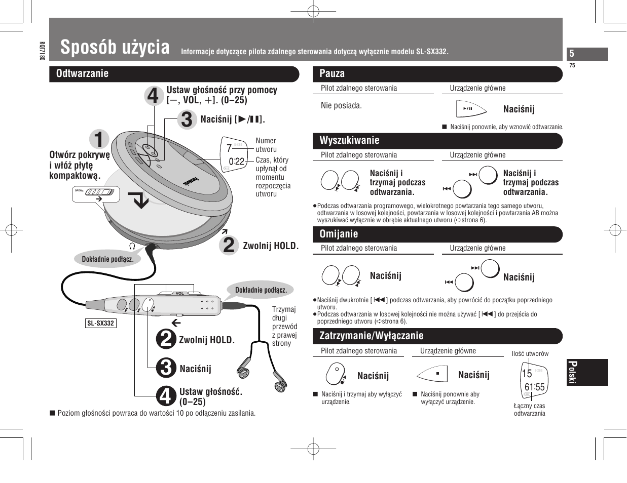 Sposób uëycia | Panasonic SL SX 330 EG A User Manual | Page 75 / 88