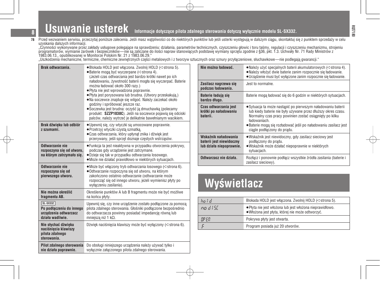 Usuwanie usterek wyøwietlacz | Panasonic SL SX 330 EG A User Manual | Page 78 / 88