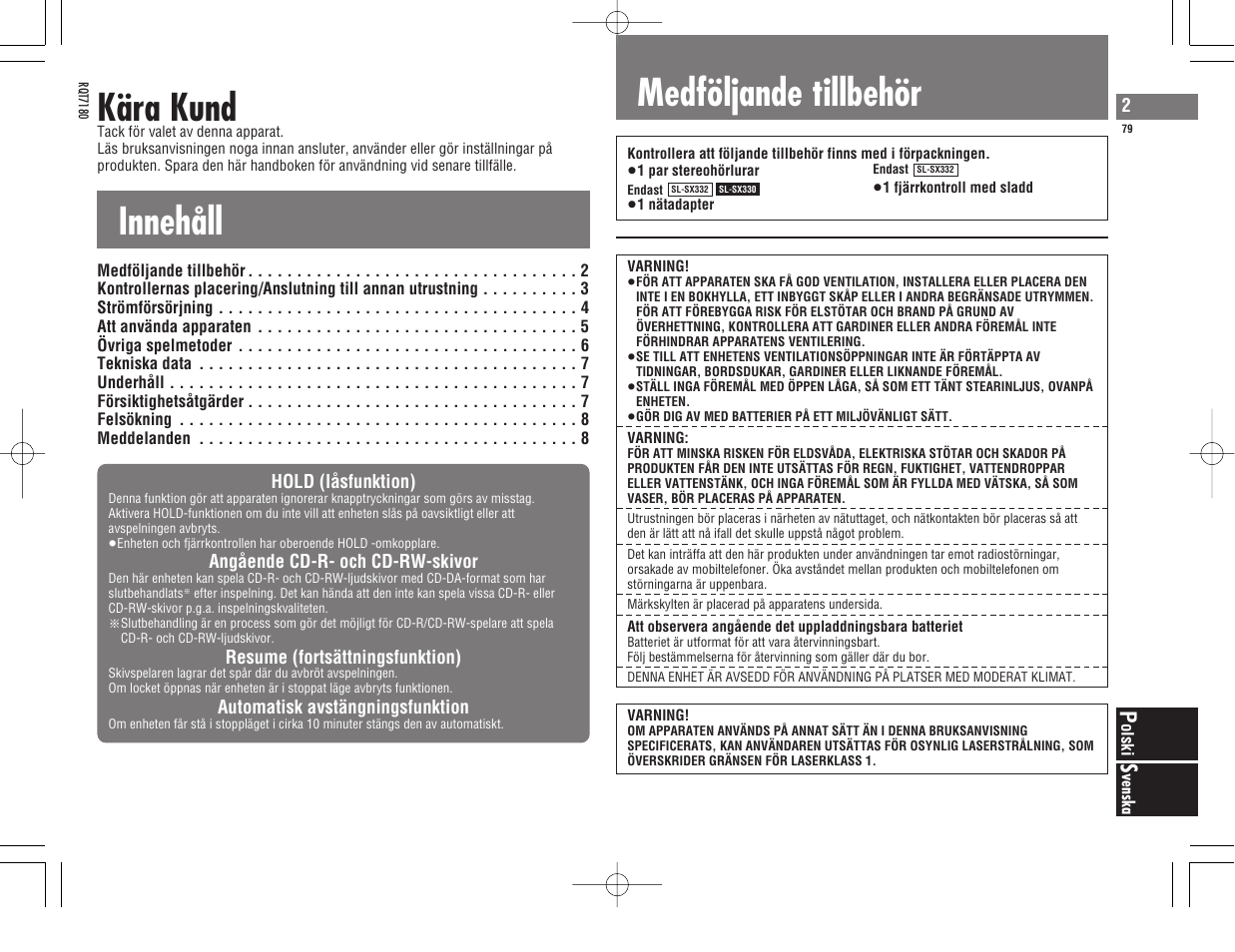 Innehåll kära kund, Medföljande tillbehör | Panasonic SL SX 330 EG A User Manual | Page 79 / 88