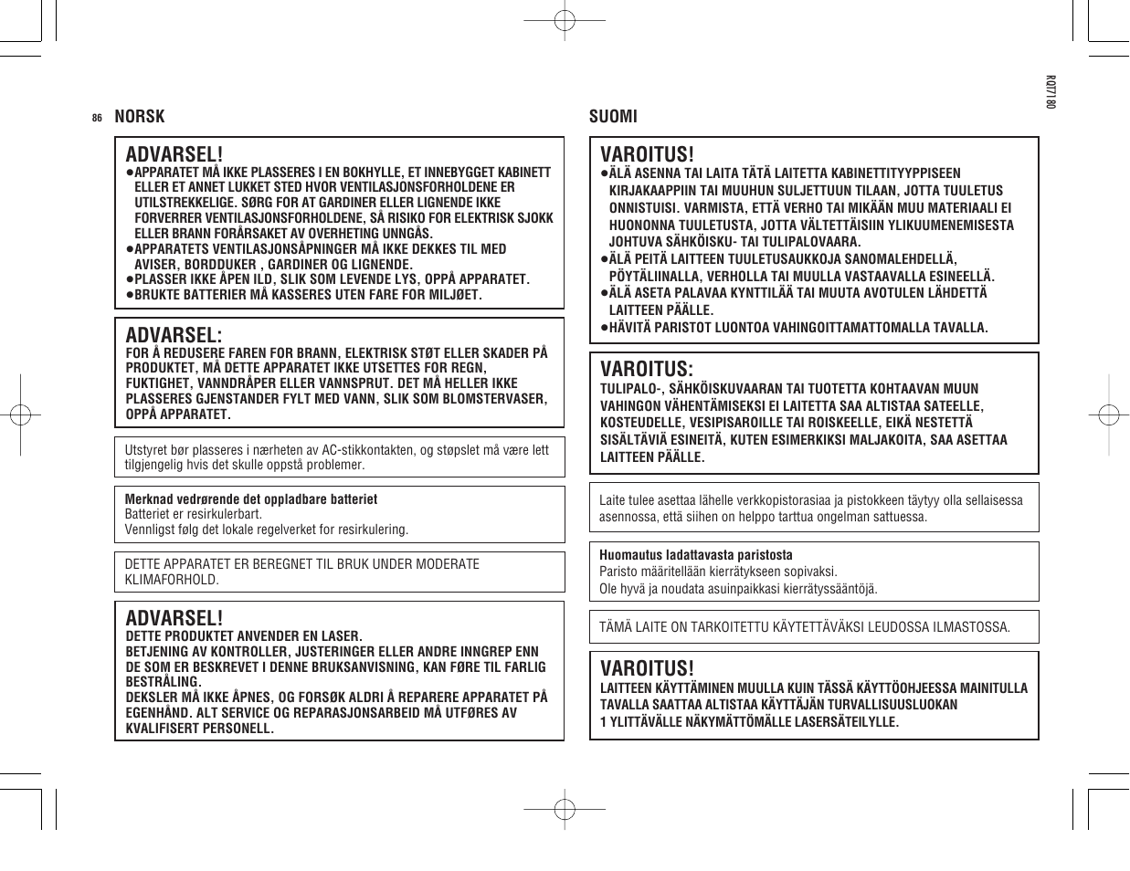 Advarsel, Varoitus | Panasonic SL SX 330 EG A User Manual | Page 86 / 88