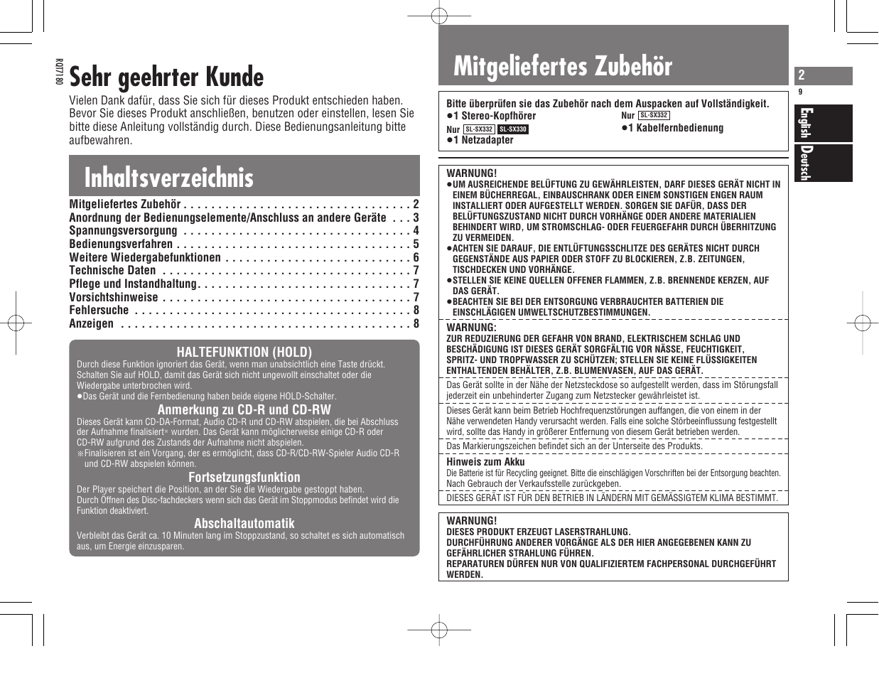 Inhaltsverzeichnis sehr geehrter kunde, Mitgeliefertes zubehör | Panasonic SL SX 330 EG A User Manual | Page 9 / 88