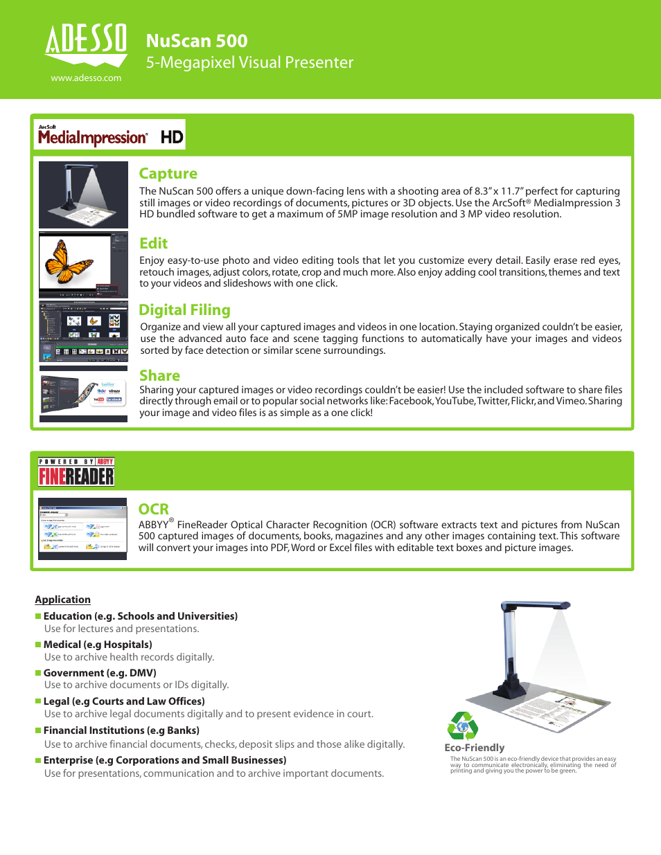 Nuscan 500, Megapixel visual presenter, Capture | Edit, Digital filing, Share | Adesso NuScan 500 User Manual | Page 2 / 2