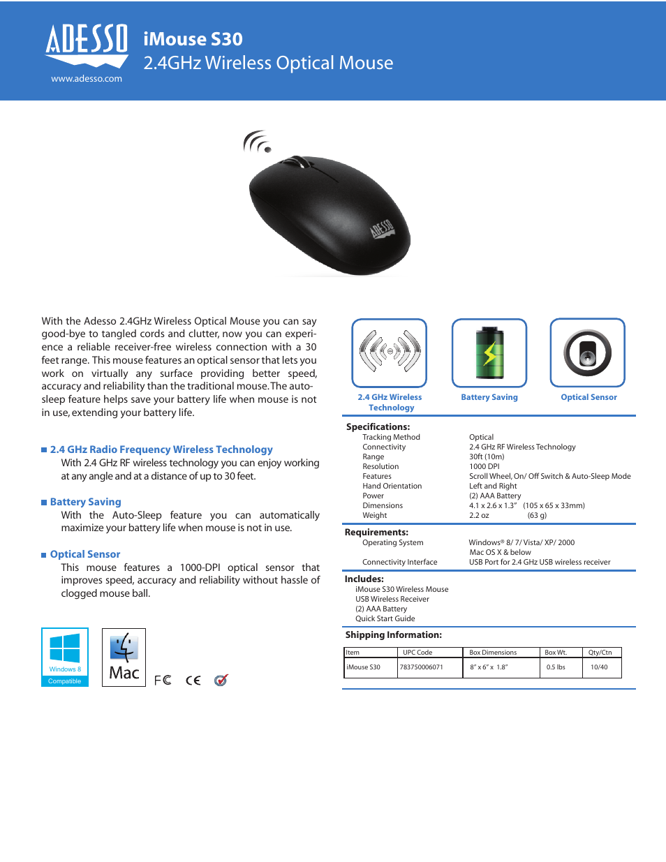 Adesso iMouse S30 User Manual | 1 page