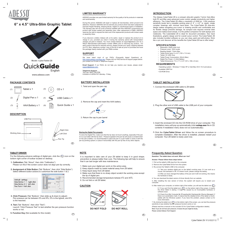 Adesso Cybertablet Z8 Users Manual User Manual | 1 page